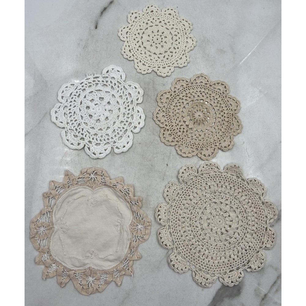 Vintage Handmade Crochet Doilies Set of 5 Cream Lace Boho Grandmacore Decor